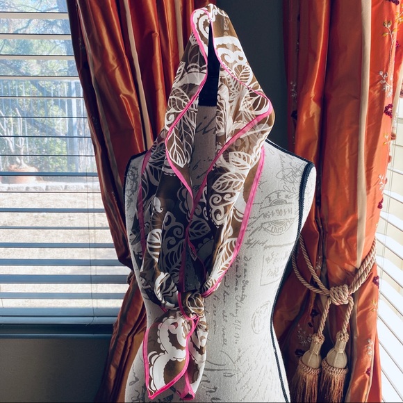 Chiffon Hawaiian White Paisley Print Brown Pink Border Sheer Neck Purse Scarf OS - Picture 9 of 16